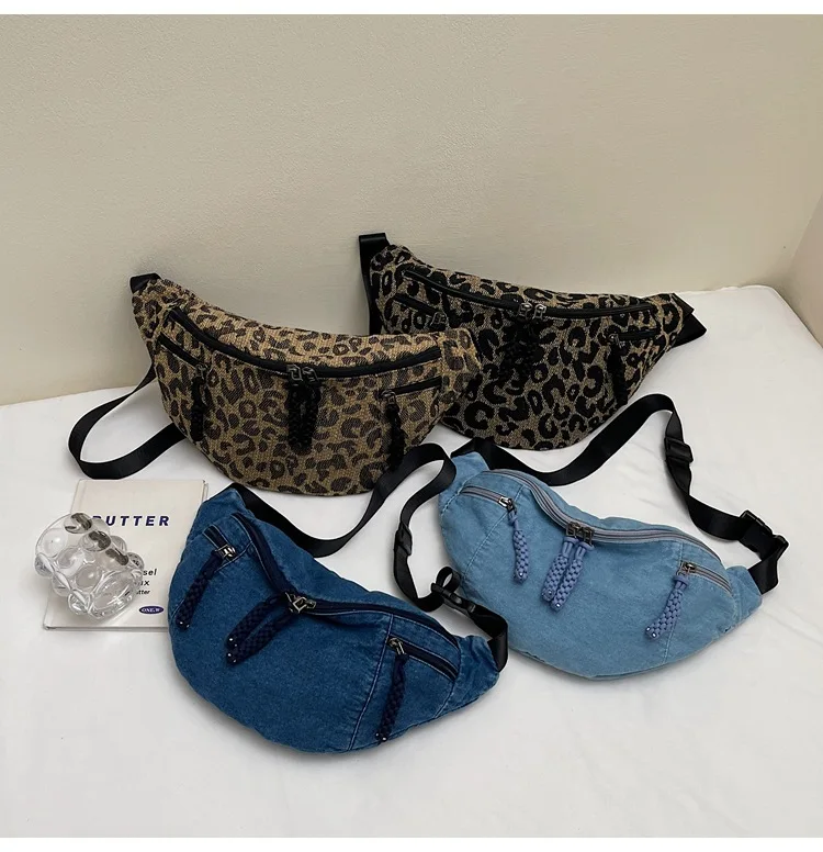 

Утолщенная джинсовая сумка через плечо с леопардовым принтом, уличная поясная сумка с несколькими карманами, спортивный велосипедный дорожный рюкзак на одно плечо