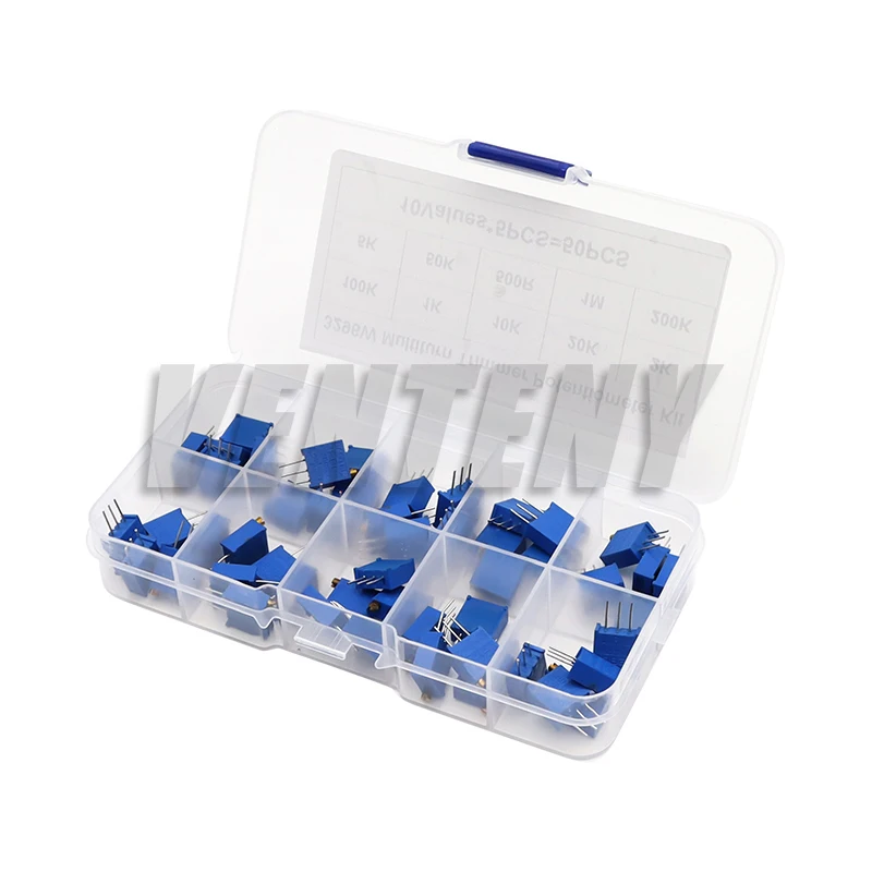 50 ชิ้น/ล็อต 3296W Multiturn Trimmer Potentiometer Kit ความแม่นยําสูง 3296 ตัวต้านทานตัวแปรฟรีกล่องชุด DIY อิเล็กทรอนิกส์