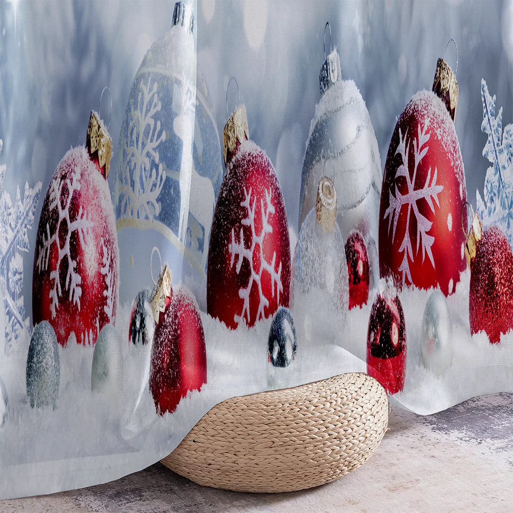 2pcs Curtains Featuring A Christmas Bauble And Snowflake Print—Festive, Light-Filtering Decorative Curtains For Holiday Parties.