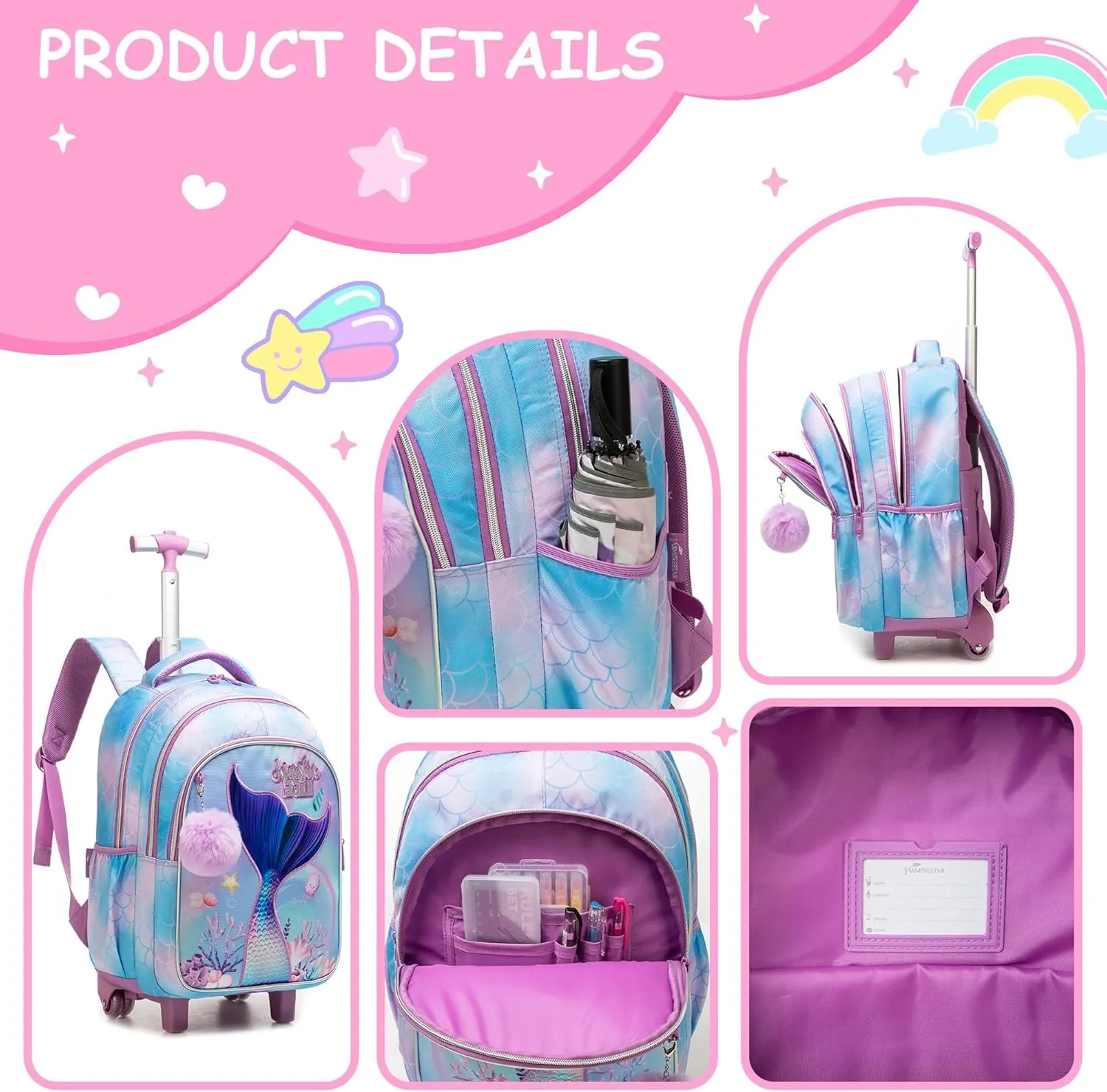 حقيبة مدرسية بعجلات للفتيات للأطفال حقيبة كتب بعجلات مدرسية ذات سعة كبيرة تحمل على الأمتعة حقيبة ظهر دوارة متينة هدية لابنة #3