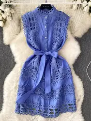 French Chic Summer Water Soluble Lace Embroidery Shirt Dress Women's Sleeveless Stand Collar Hollow Out Elegant Party Vestidos