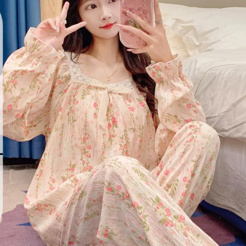 Women's Lace Lace Long Sleeved Long Pant Pajama Set for Teenagers In Spring Autumn New Princess Style Home Clothes Two Piece Set