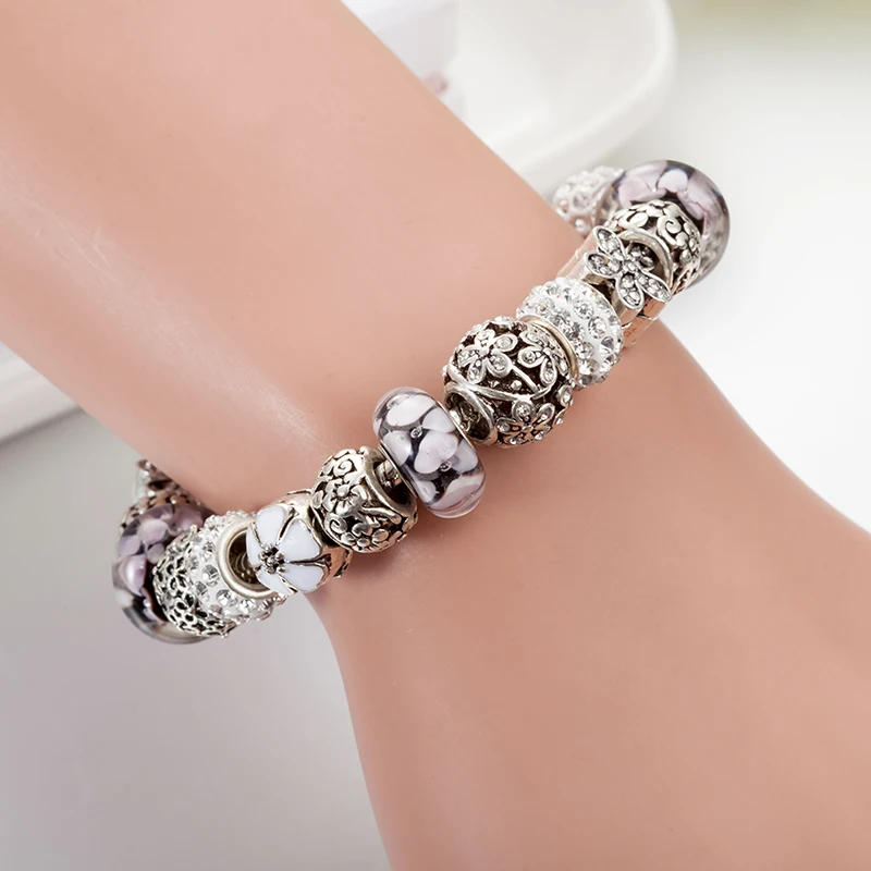 ANNAPAER New Zircon Flowers Beads European White Color Charms Bracelets Shineing Bangles DIY Jewelry Pulseras Gifts for Women