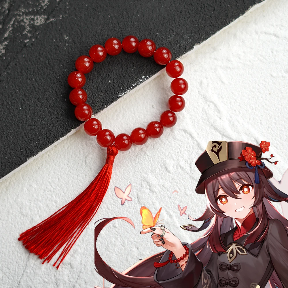 

Anime Genshin Impact Bracelets Hu Tao Cosplay Bangles with Red Agate Beads Tassels Bangle Hu Tao Cosplay Props Jewelry Gifts