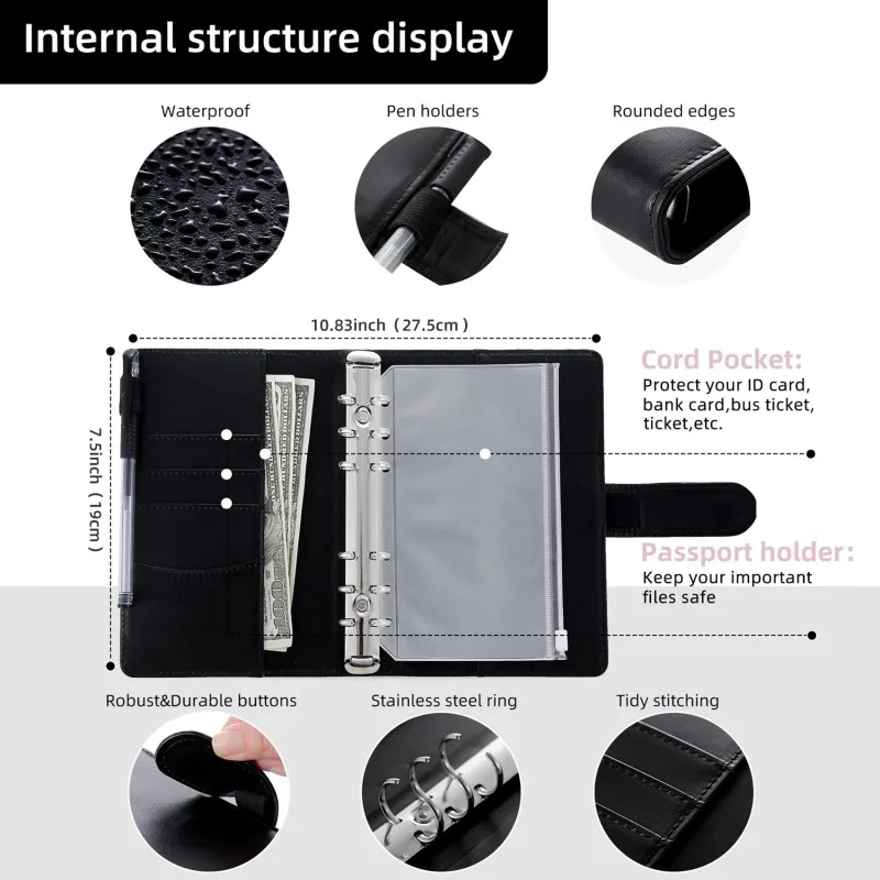 현금 봉투 주머니가 있는 PU 가죽 예산바인더, 지퍼가 달린 작은 프랑스 예산주머니 바인더, 돈 절약용 A6 플래너 정리함
