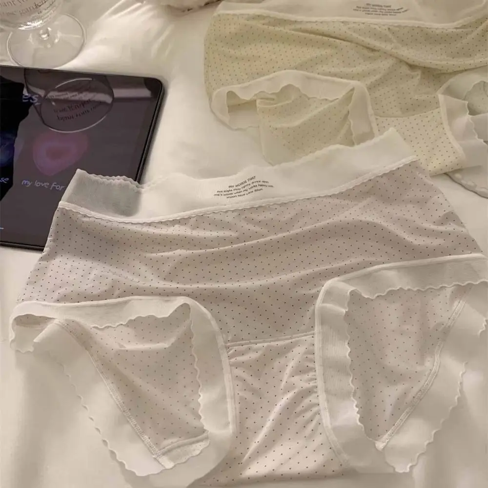

3Pcs Dot Mesh Thin Underpants Mid Waist Cotton Crotch Seamless Ice Silk Briefs Transparent Panties Underwear for Women Lady