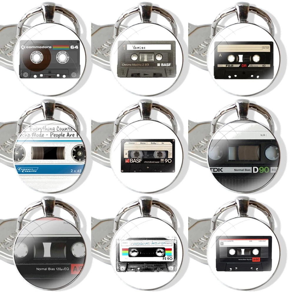 Vintage Tape Cassettes Keychain Handmade Glass Cabochon Key Ring Holder Pendant Key Chains