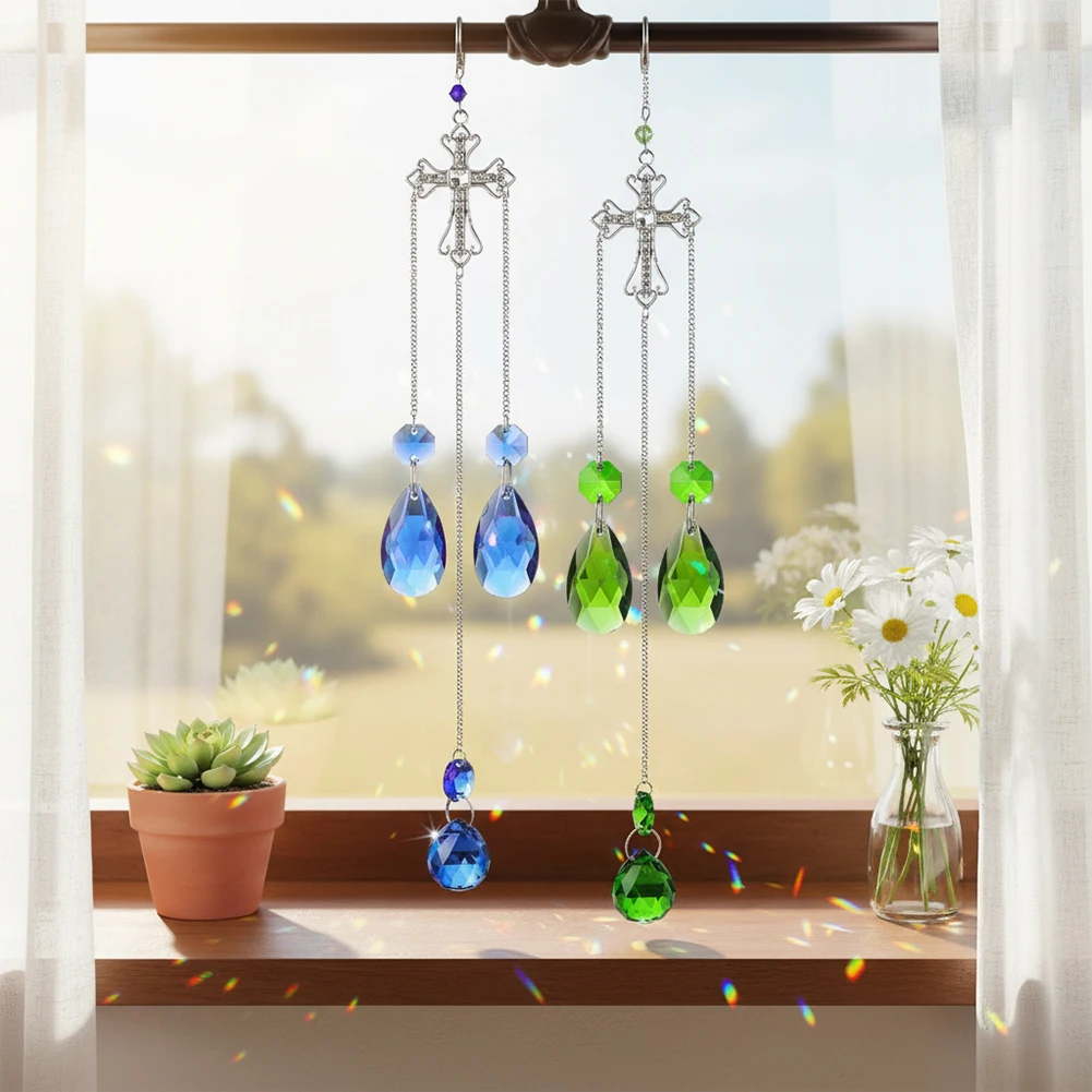 Elegant 2-Piece for cross Gemstone Sunshinecatcher Set for Home Garden Decor with Moon Star Accents and Rainbow Refraction