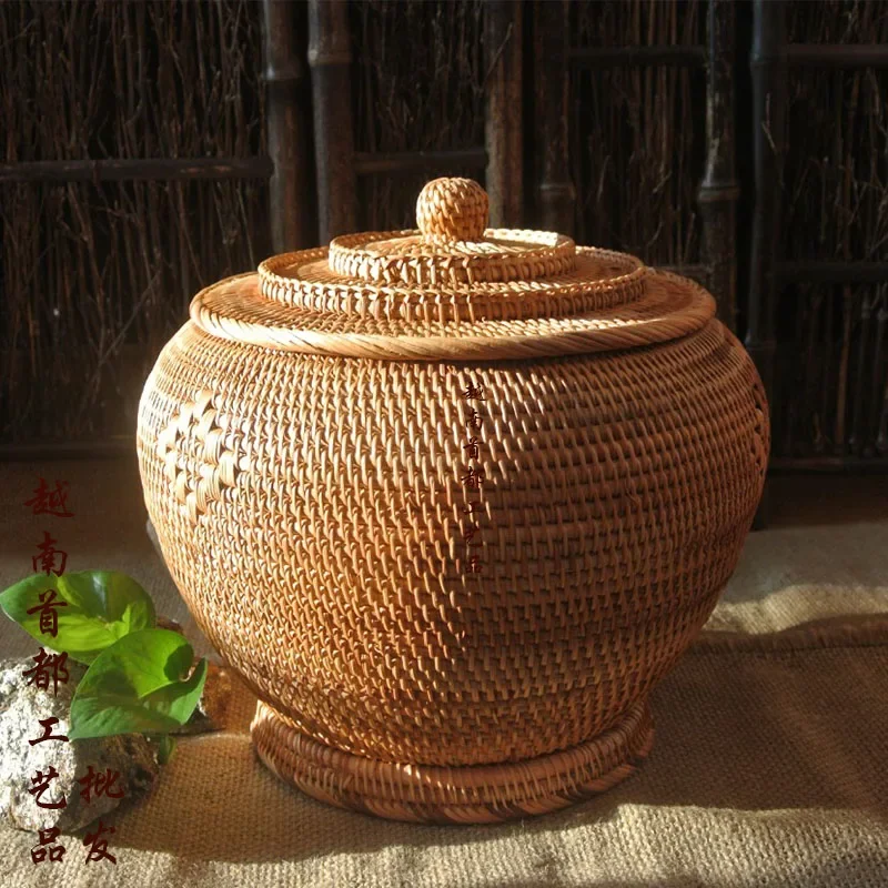 Hand-Woven Basket Primary Colors Simple Retro Rattan Storage Boxes with Lids Jewelry and Tea Set Storage Household