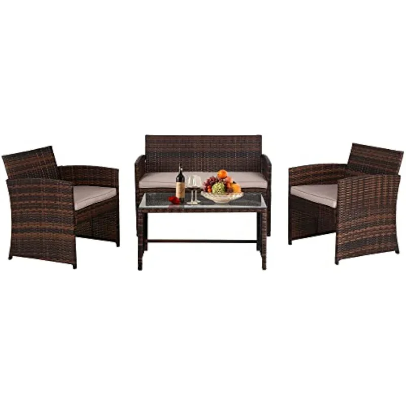 4 Pieces Outdoor Patio Furniture Sets Rattan Chair Patio Set Wicker Conversation Set Poolside Lawn Chairs Porch Poolside