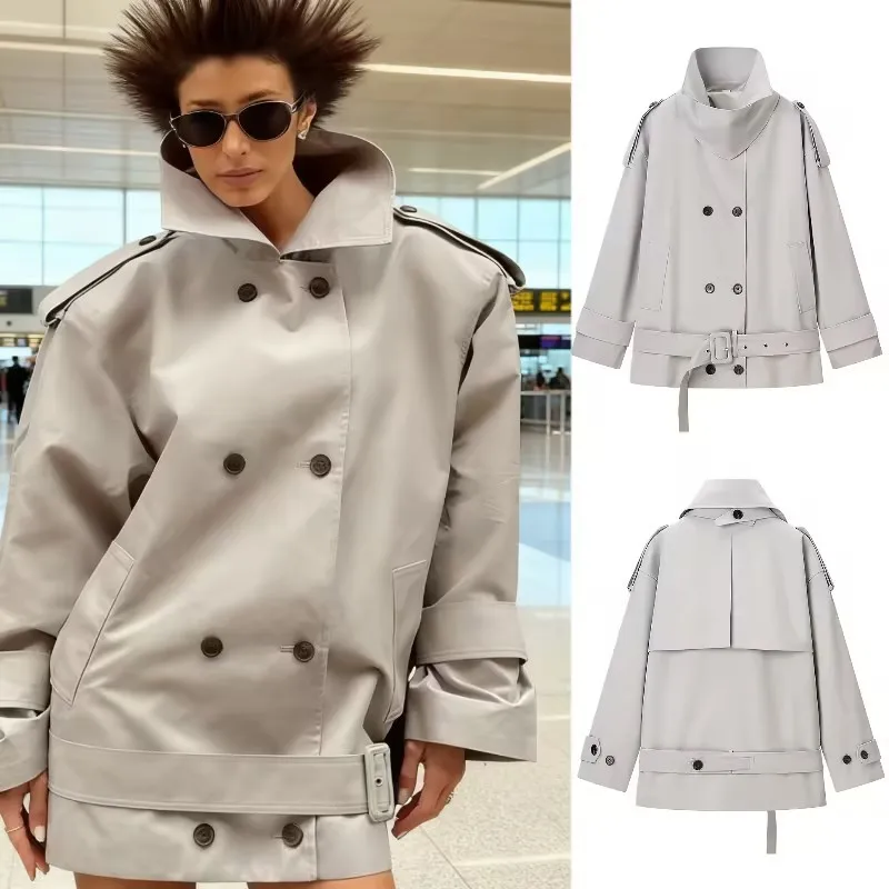 

Women's Fashion Casual Jacket Autumn Winter Stylish Double-Breasted Mid-Length Trench Coat Loose Waterproof Tie-Up Outwear