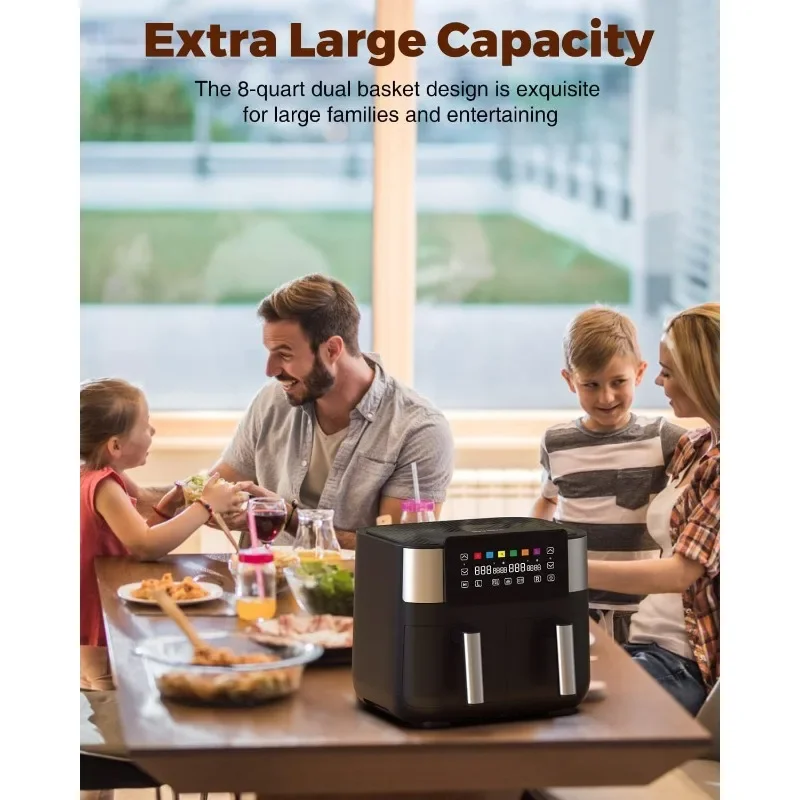Air Fryer with 2 Baskets 8 QT, JOYAMI Dual Basket AirFryer with Sync-Finish Function, Nonstick and Dishwasher Safe