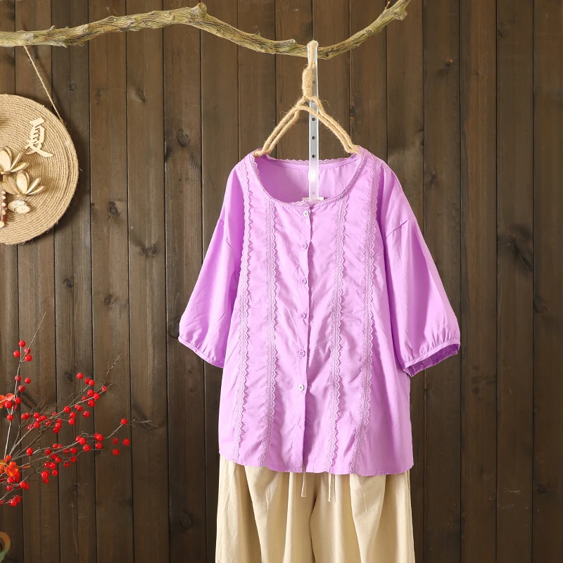 Lace Patchwork Pure Color Flax irt Large Size Women's Faion Bell Sve round Ne Cover Belly Open Cardigan Top