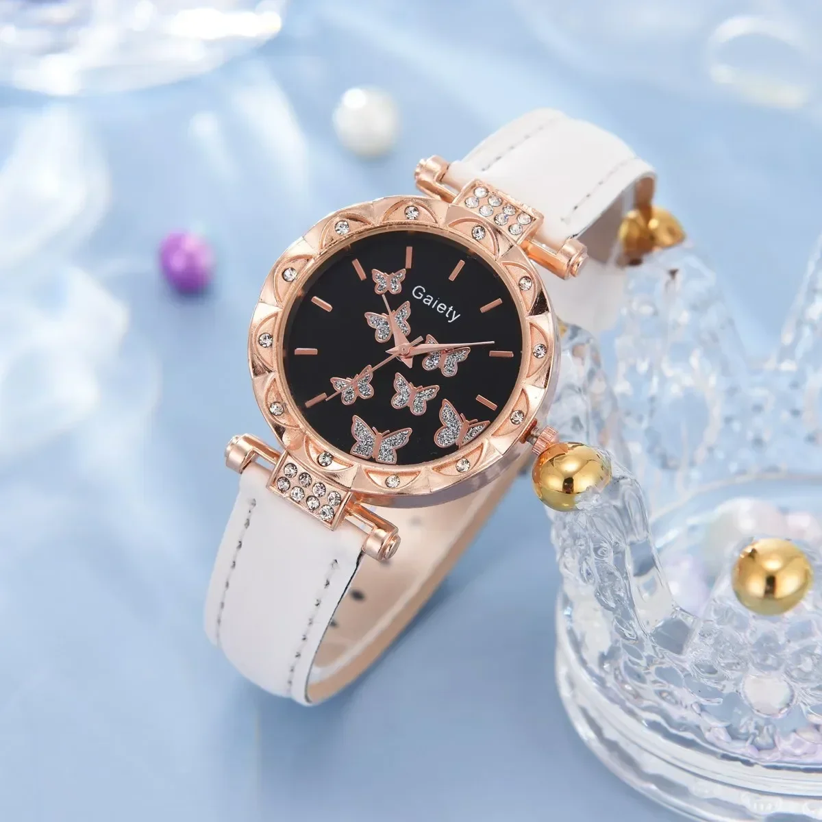 Conjunto de reloj con diamantes de imitación para mujer, accesorio de pulsera con cristal de mariposa, anillo, collar, pendientes, sin caja, 6/1