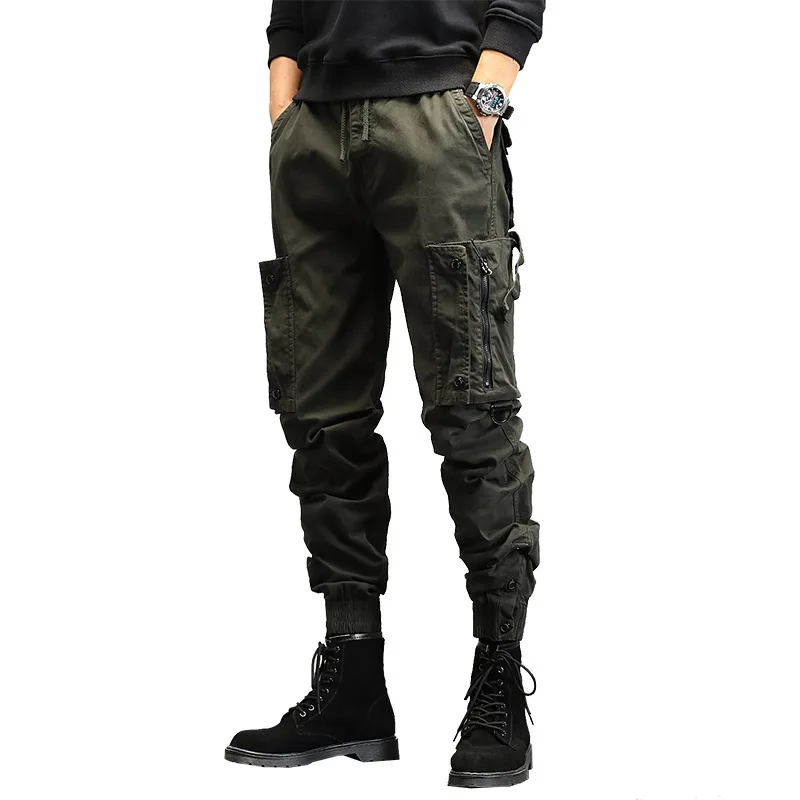 New Mens Cargo Pants Fashion Drawstring Cotton Casual Trousers Men Jogging Streetwear Multi Pocket Solid Color Outdoor Pants Man