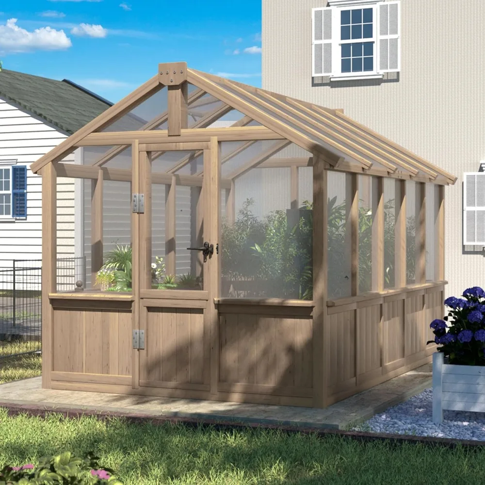 Outdoor Wooden Greenhouse with Cedar Frame and Adjustable Vents,featuring A 4-layer Polycarbonate Panel Greenhouse Home & Garden