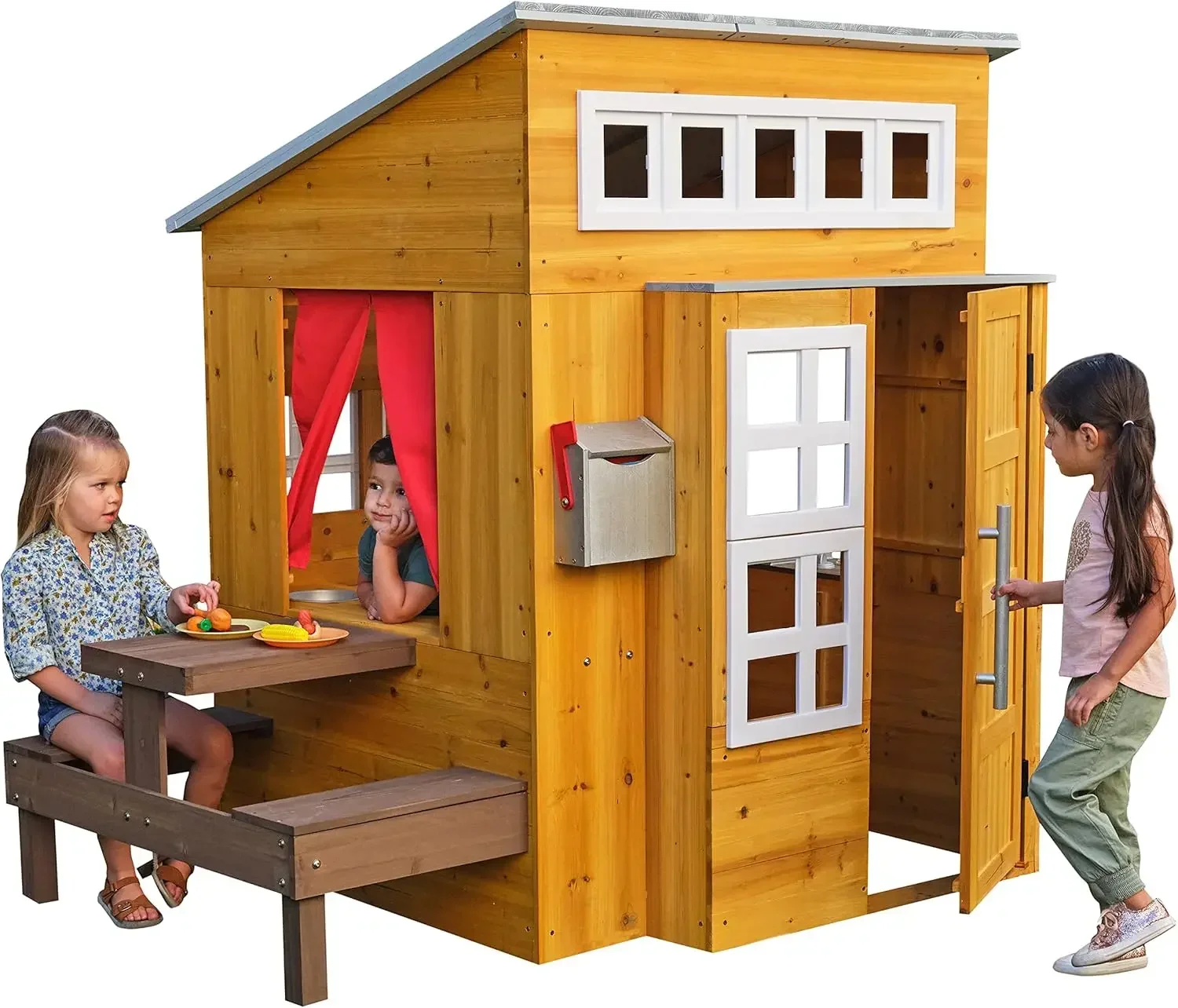 USA Modern Outdoor Wooden Playhouse with Picnic Table, Mailbox and Outdoor Grill ,Gift for Ages 3+