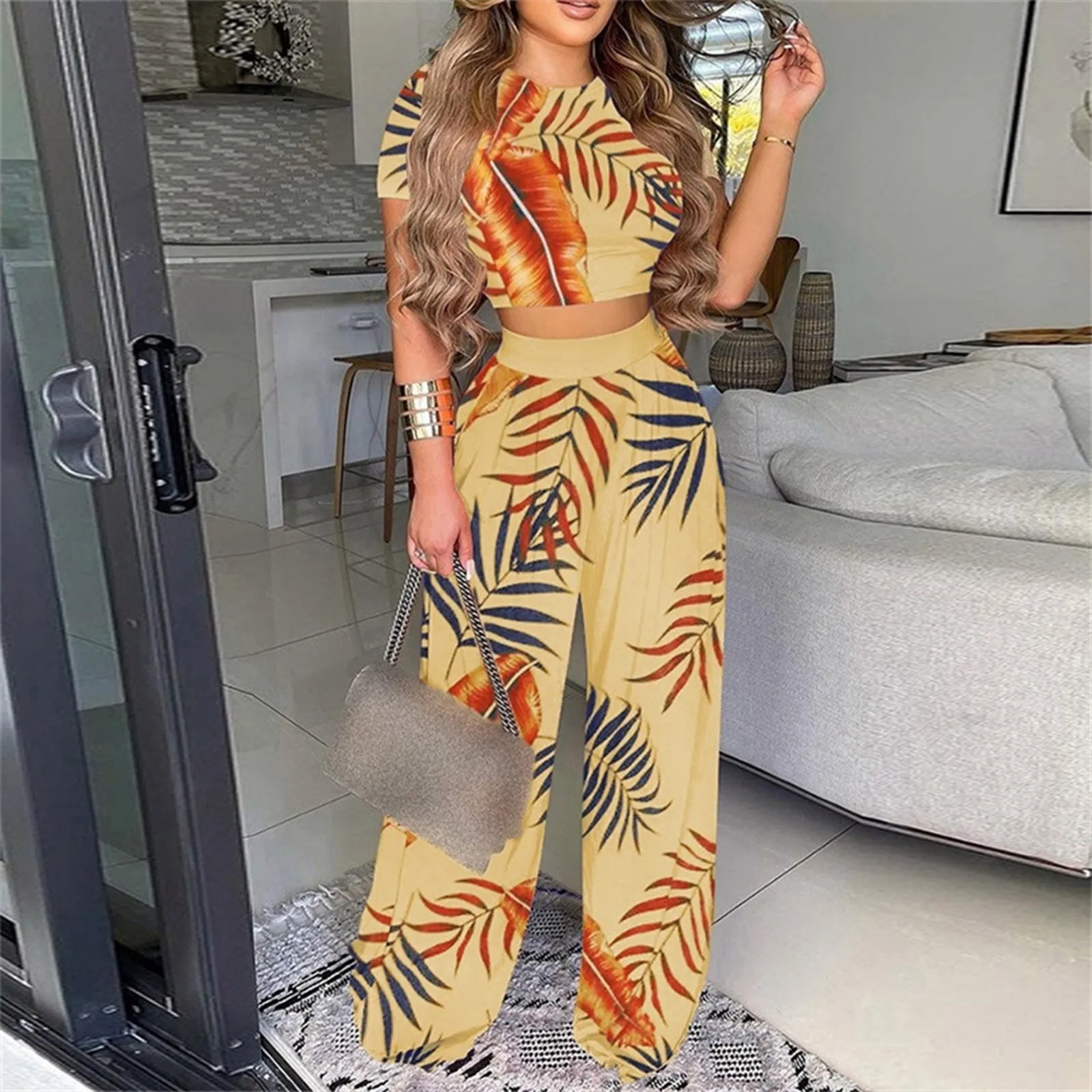 

Women's Long Pants Set Fashionable Commuting Short T Shirt Waistband Printed Wide Leg Pants Set Jugging Suits Women