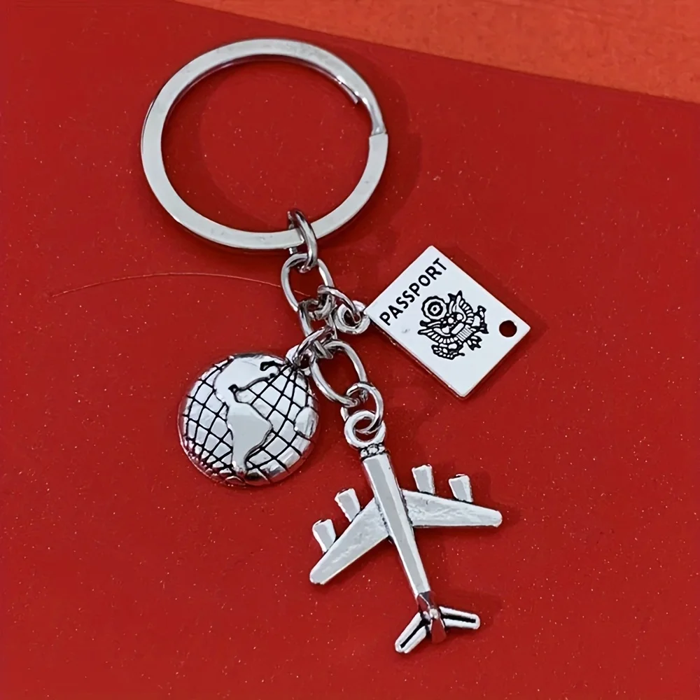 Europe and America Cross-Border Creative Aircraft Globe Travel Keychain Pendant Compass Camera Metal Key Ring Accessory