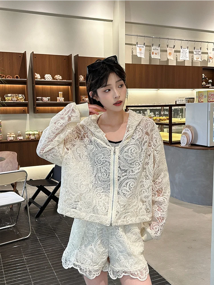 Spring Summer New Lace Set Hat Jaet Women ort Thin Hollow out Anti Aging Versatile Slimming Top Two Piece Set Sweet Sle