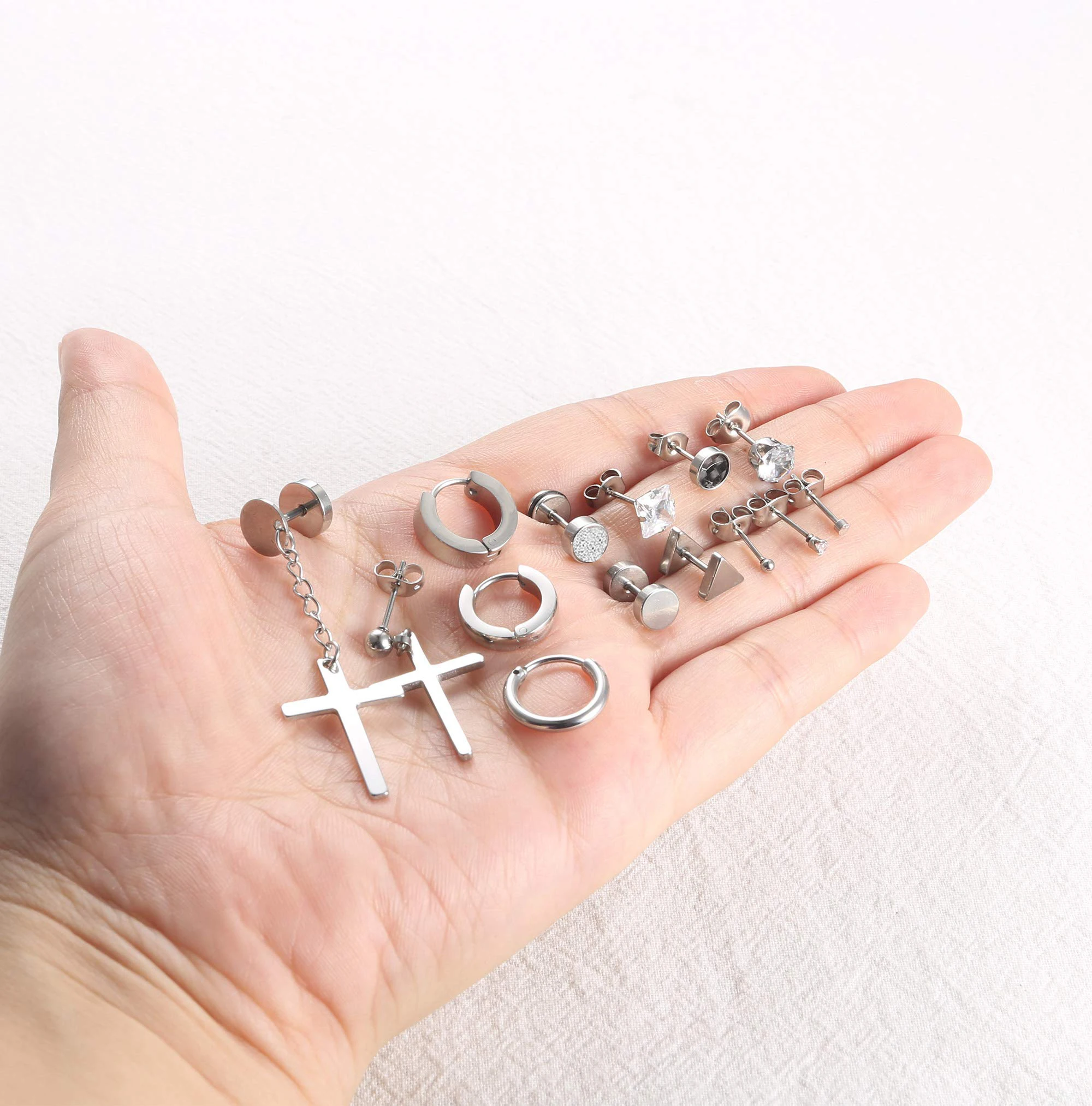 1〜14ペアのステンレス鋼の小さなイヤリング,男性用のフード付きイヤリング,クロスデザイン,ヒンジ付きイヤリングのセット,シルバー