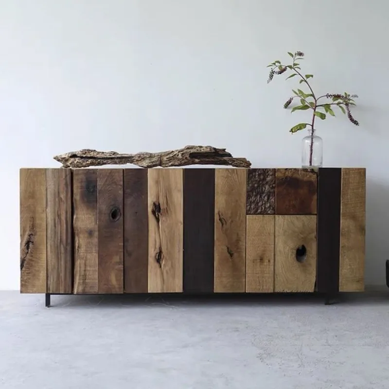 Wabi Sabi Wind Old Wood Cabinet Unplaned Vertical Door TV Cabinet Retro Locker Solid Wood Modern Chinese Side Cabinet