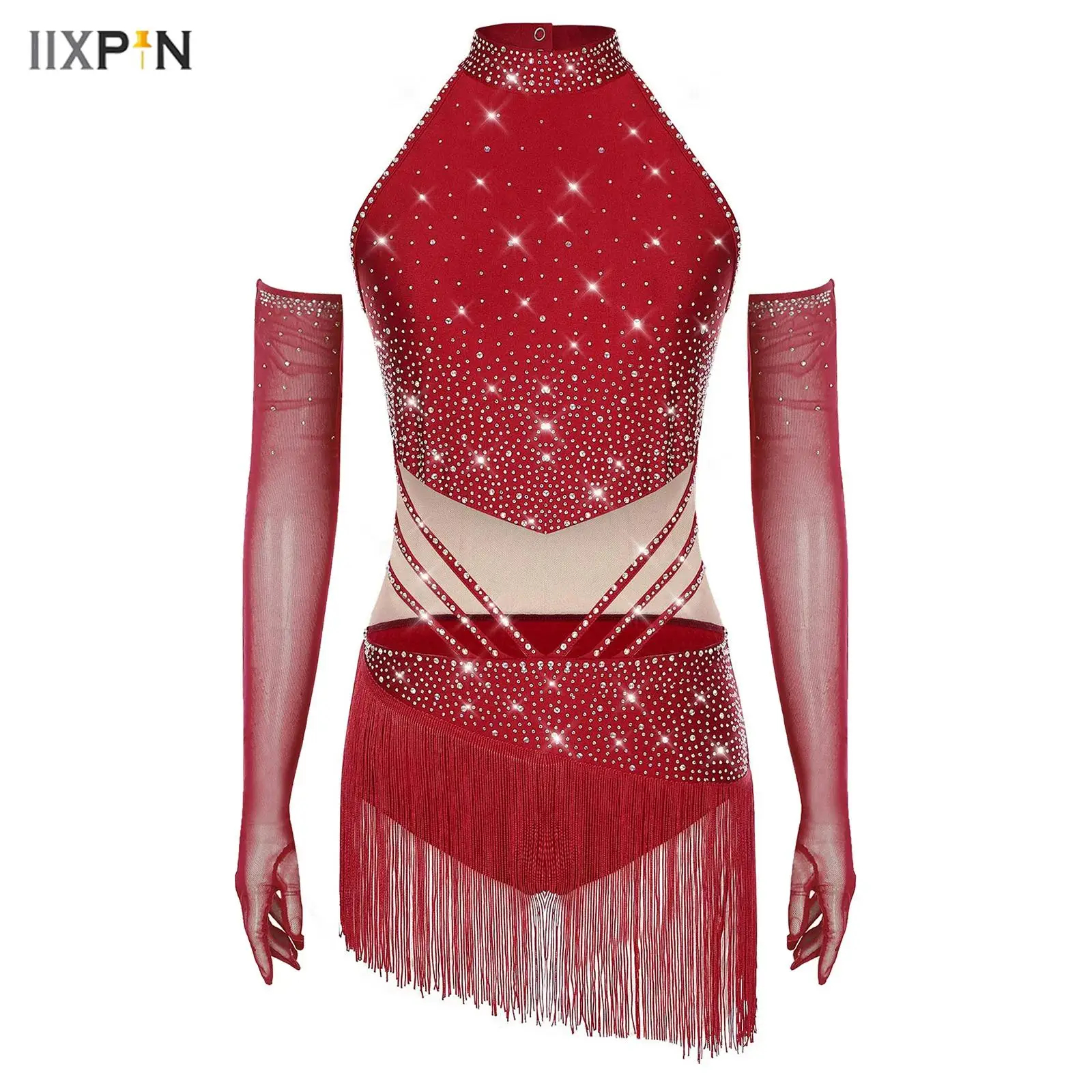 

Womens Latin Figure Skating Leotard Dress Sleeveless Back Hollow Out Tassel Skirted Bodysuit+Mesh Gloves Outfit Dancing Costume