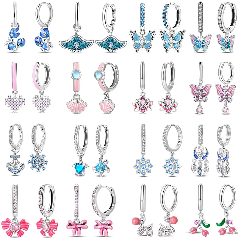 925 Sterling Silver Pink Blue Love Diary Snowflake Bow Women Earrings Brilliant Wedding Engagement Star Earrings Jewelry Gifts