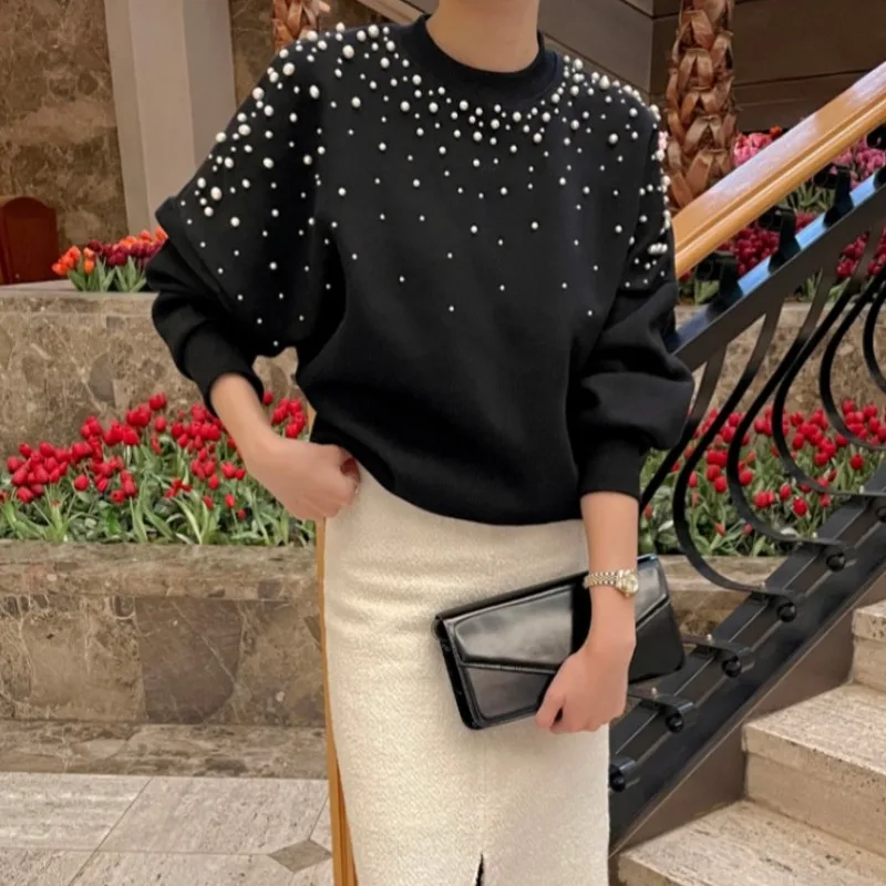 Korean Heavy Industry Beaded Slim Velvet Sweater 2024 New Autumn Korean Chic Long Sleeve Tops All-match Fashion Pullovers