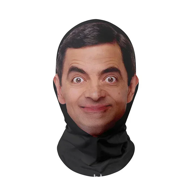 Máscara de Mr. Bean en 3D, pañuelo para la cabeza con estampado de cara divertida, persona famosa, protector solar de seda helada, máscara para la cabeza, Cosplay de Halloween