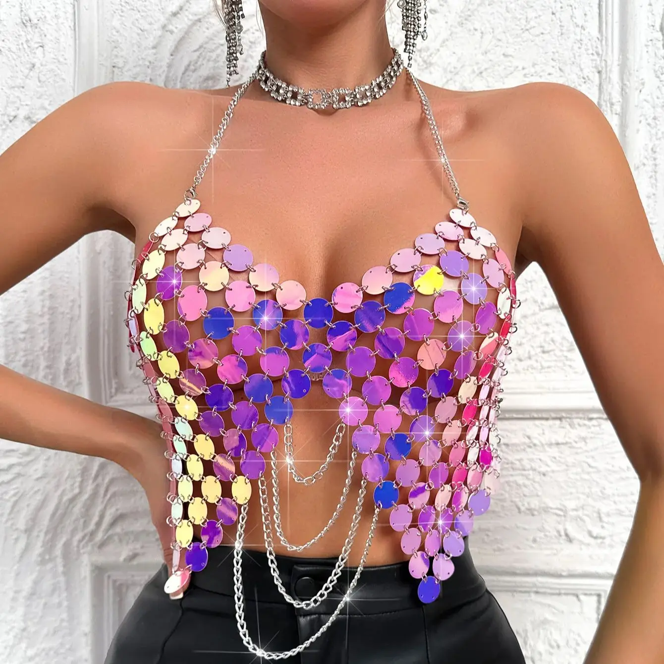 

European & American Handcrafted Metal Sequins And Beads Vest Halter Neck Cutout Backless Body Chain