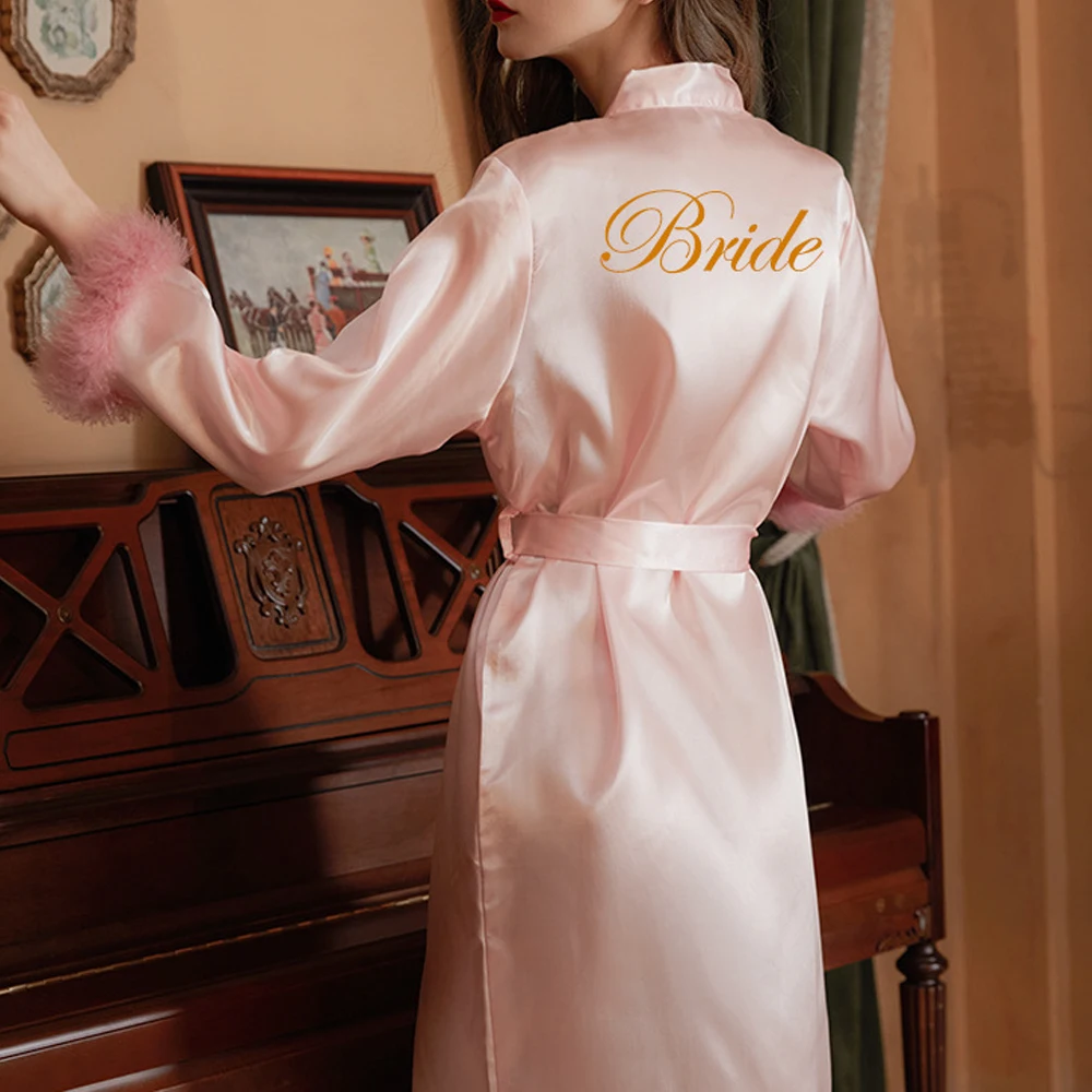 Kimono Bride Bridesmaid Robe Wedding Bathrobe Gown Feather Loungewear Women\'s Embroidery Letter Sleepwear Short Satin Nightgown
