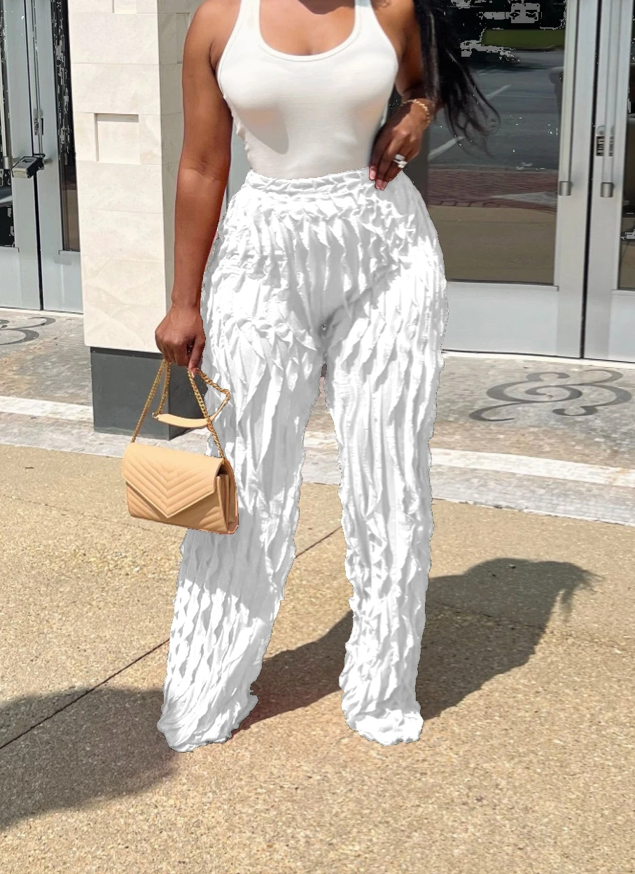 QFAF Women Wave Ruffles Splicing Wide Leg Pants 2023 Fashion Autumn streetwear see though Trousers
