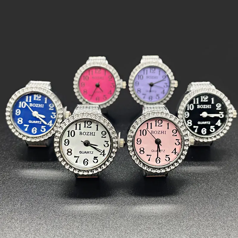 Kiss Jewelry Punk Rhinestone Time Quartz Watch Rings Women Men Elastic Stretchy Adjustable Digital Clock Finger Watch Ring Gift