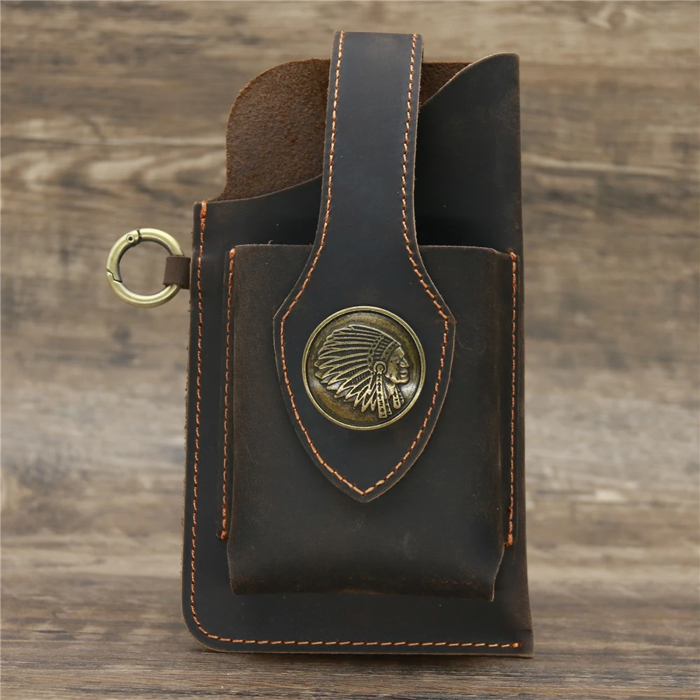 

Mobile Phone Bag Crazy Horse Leather Men's Bag Men's Outdoor Sports Waist Bag Buckle Can Put Cigarette Case Mobile Phone Bag