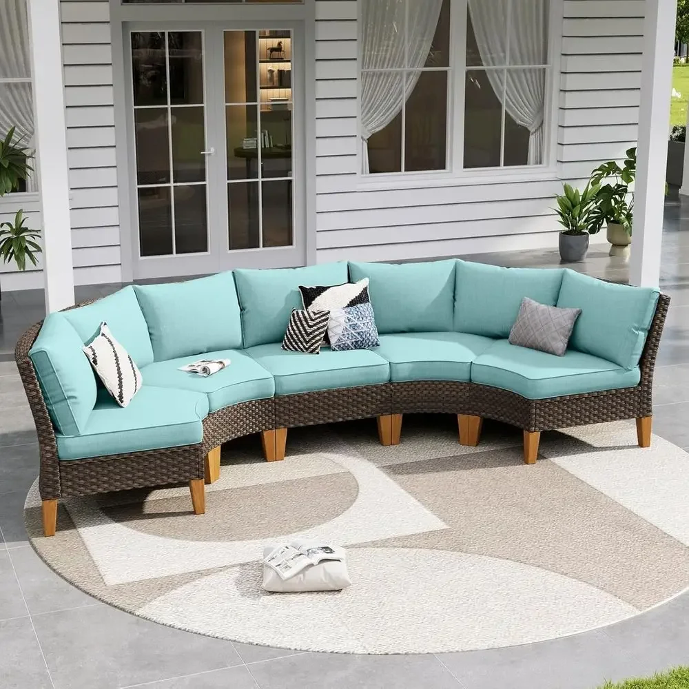 

Patio urniture Set, 5 Piece Hal Moon Outdoor Wicker Sectional Soa Set, Rattan Contion Set or Backyard, Deck, Pool(Aqua Blue)