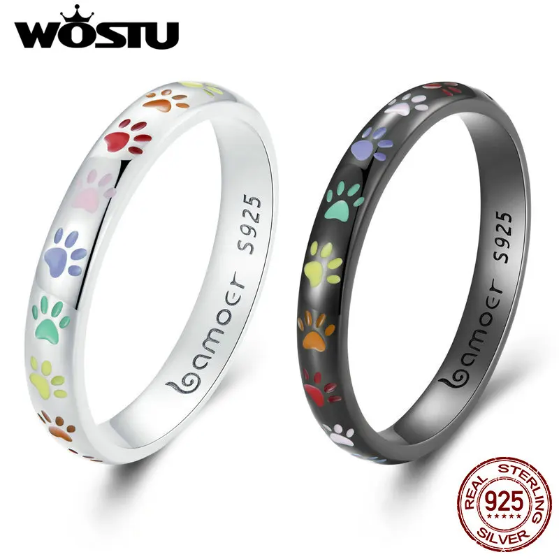 

WOSTU 925 Sterling Silver Rainbow Cute Cat Dog Paw Rings Women Cool Black Gold Pet Animal Ring Girl Party Birthday Jewelry Gift