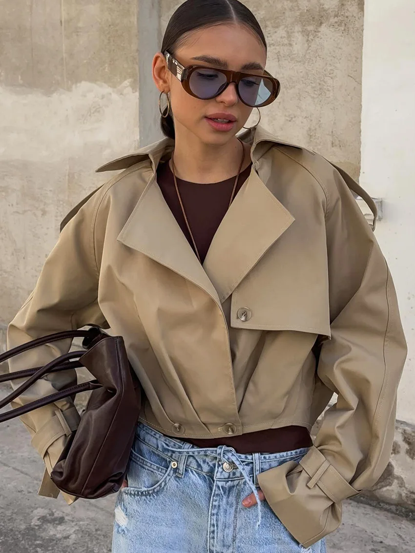 

YYAHAHAS Women's Stylish Cropped Trench Coat 2025 Fashion Short Jacket With Lapel Collar And Belted Cuffs For Spring