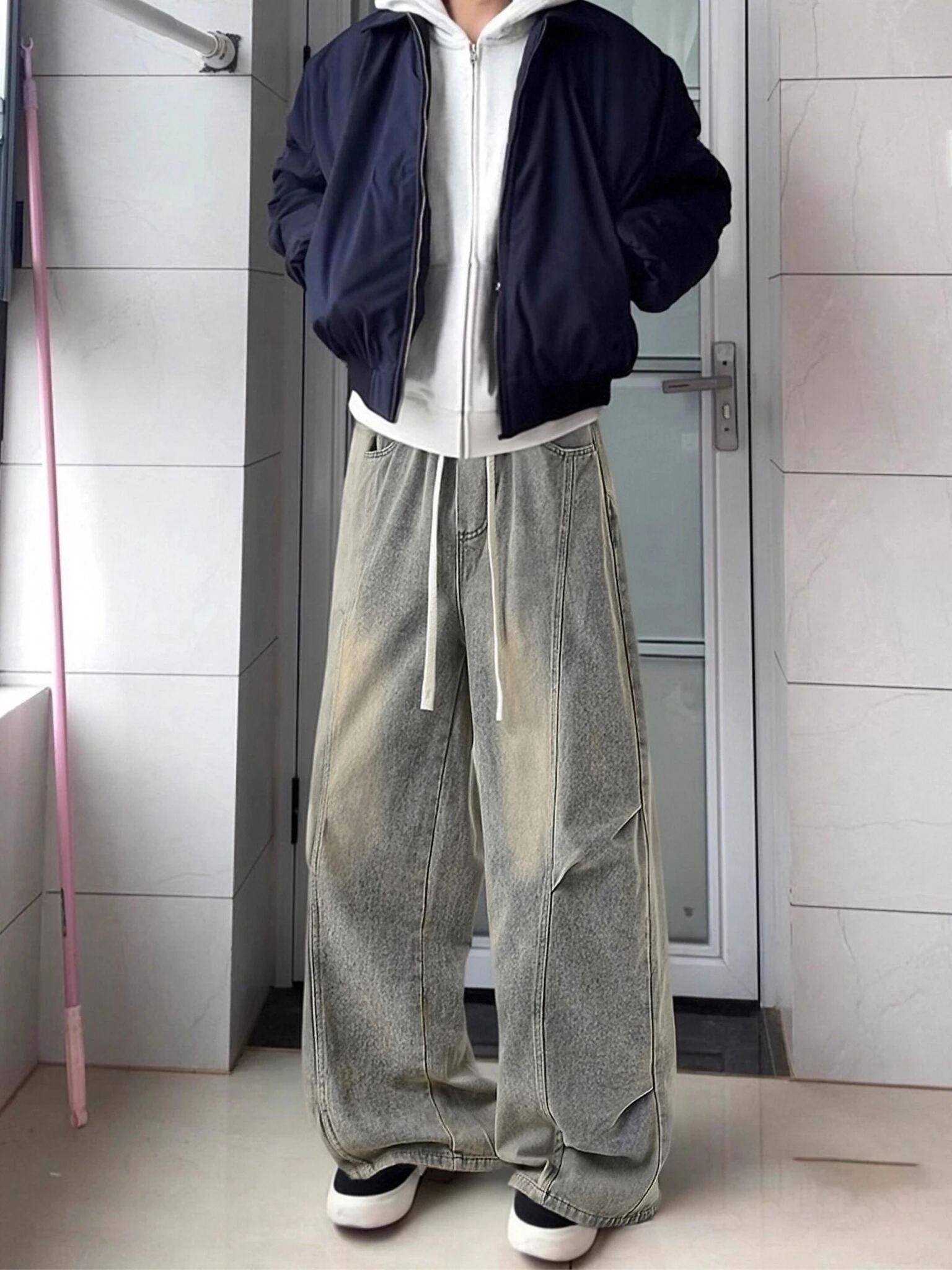 

Men's Folded Knife Jeans Yellow Mud Washed Wide Leg Workwear Pants Cleanfit Casual Wear Resistant And Non Deformable