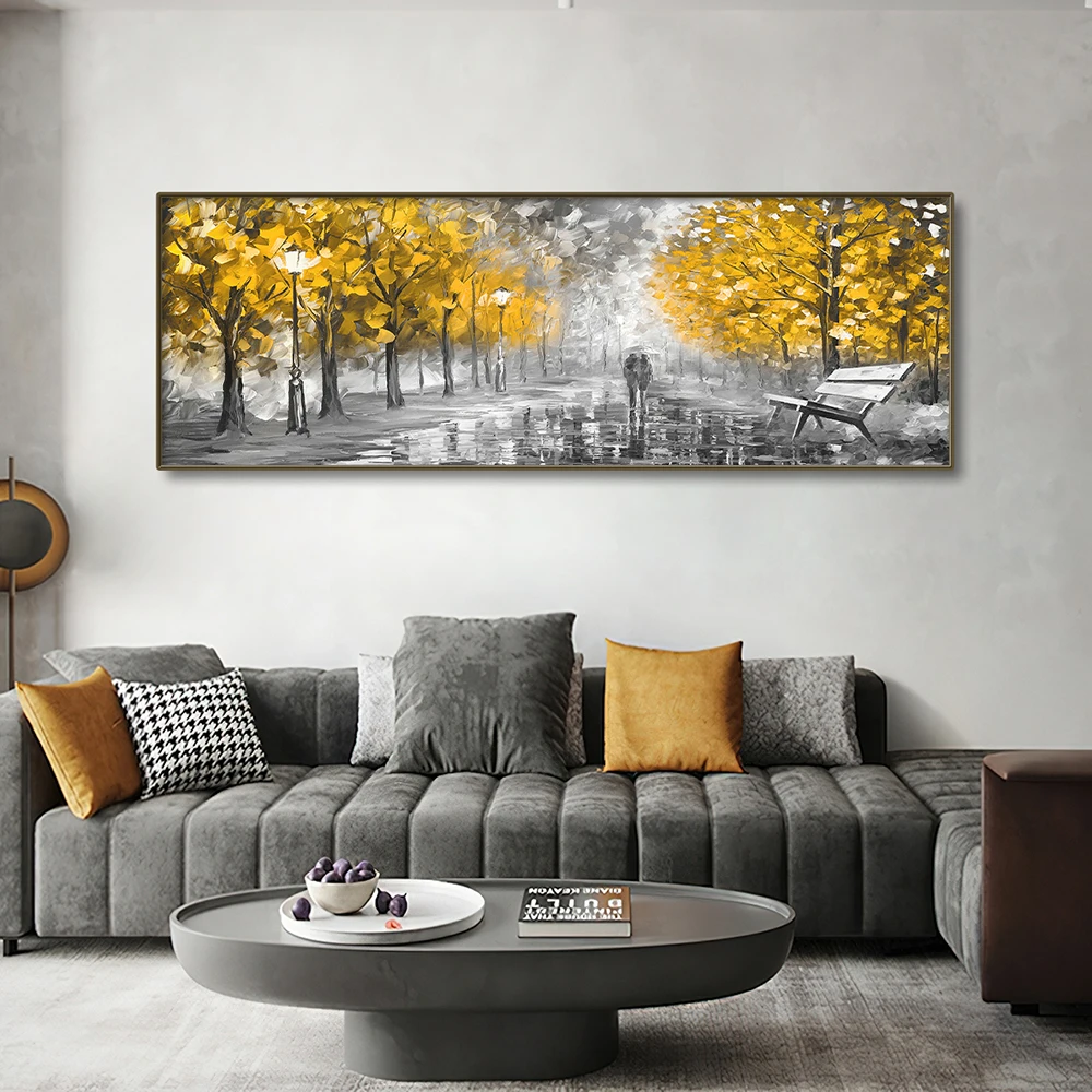 Yellow Leaves Rainy Day City Street View Pedestrians Holding Umbrellas Oil Painting Print On Canvas Living Room Wall Art Posters