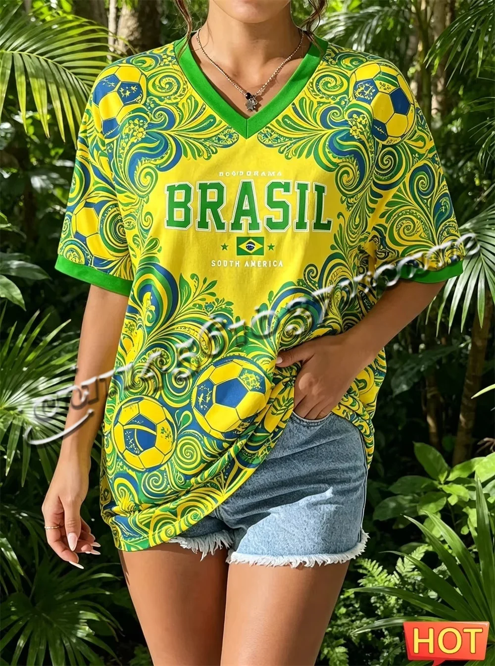 

Summer V-neck T-shirt Brazilian Football T-shirt Yellow Green Gradient Jersey Quick Drying New Brazilian T-shirt Family Matching