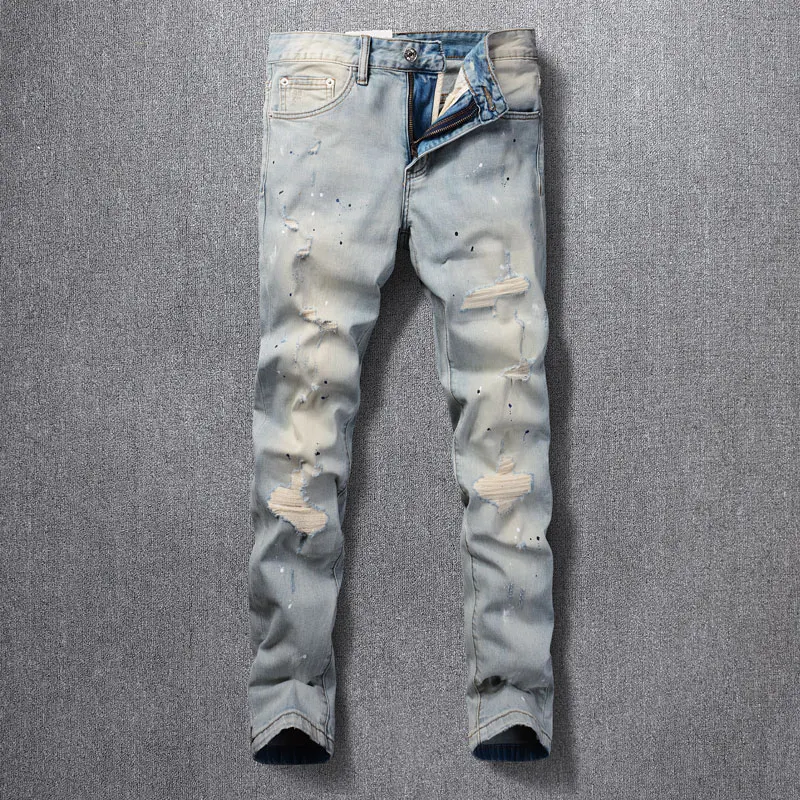 Streetwear Fashion Men Jeans Retro Washed Light Blue Stretch Slim Fit Painted Ripped Jeans Men Vintage Designer Denim Pants