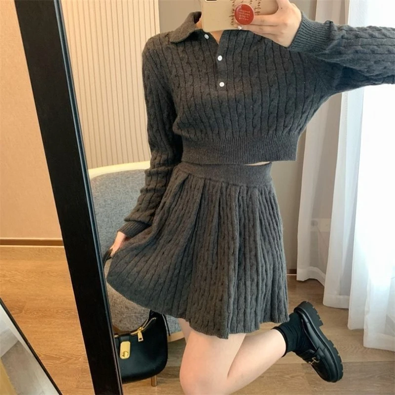 Sweater Short Dresses Women Autumn Korean Fashion Preppy Style Knit Two Pieces Set Female Casual Solid Color Pleated Skirt Suit