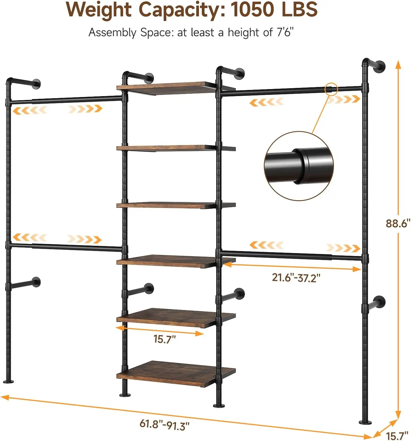 Rustic Brown Wall Mounted Industrial Pipe Closet Organizer System with 6 Wooden Shelves & 4 Telescopic Garment Rods, Heavy Duty Clothing Storage Rack for Wardrobe view 2