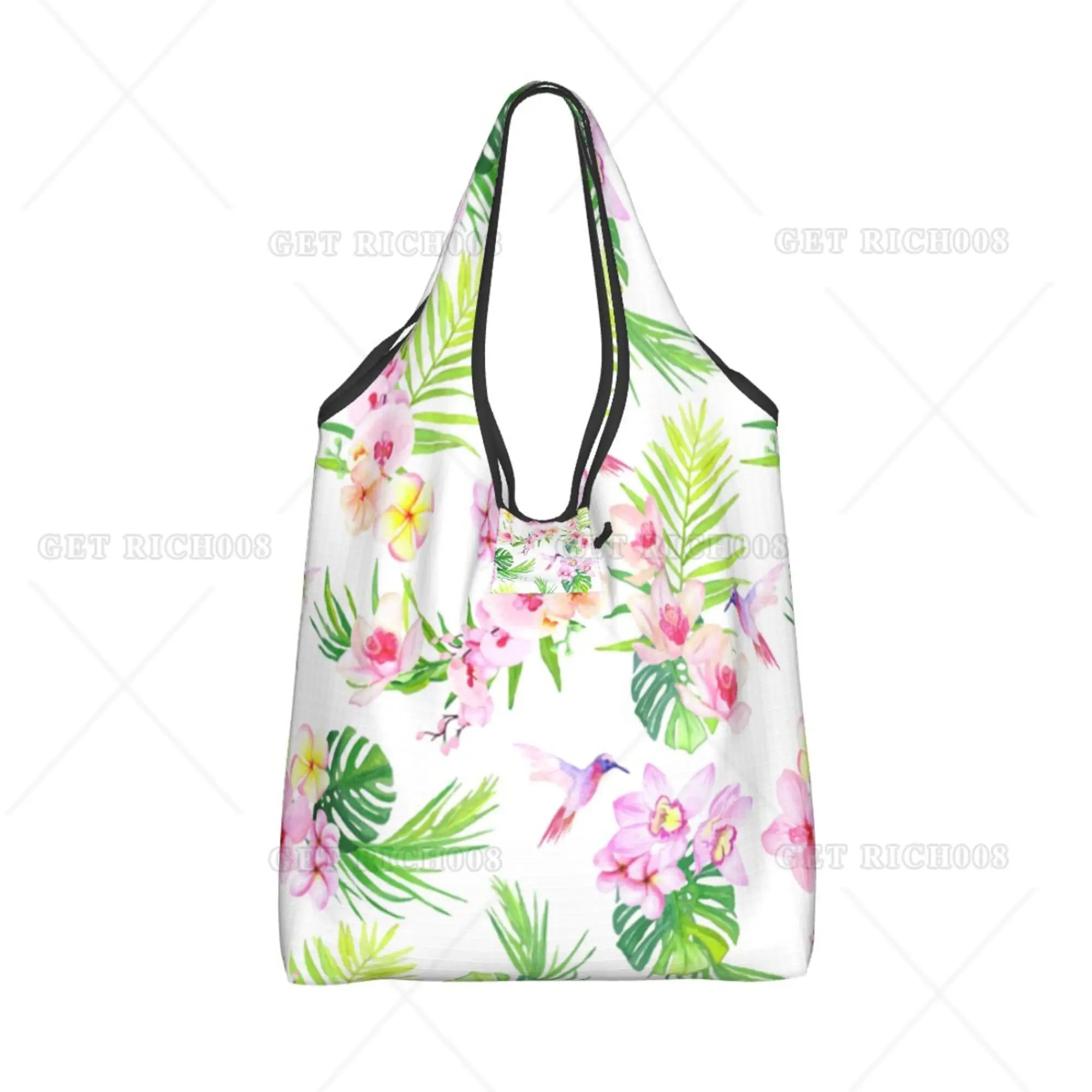 Bird and Flowers Spring Summer Women Girls Tote Bags Folding Eco-friendly for Shopping Outdoor Recyclable Grocery Bags One Size