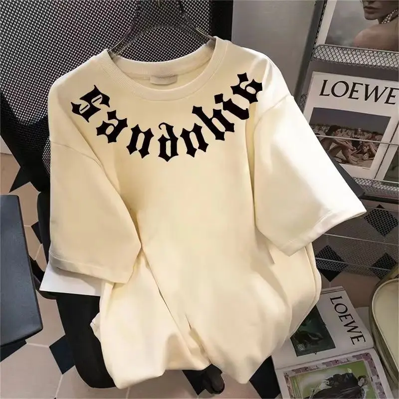 Summer Solid Color Short Sleeve Tops Ladies Casual Interior Lapping Women's Clothing Loose Letter Pullovers Straight T-Shirts