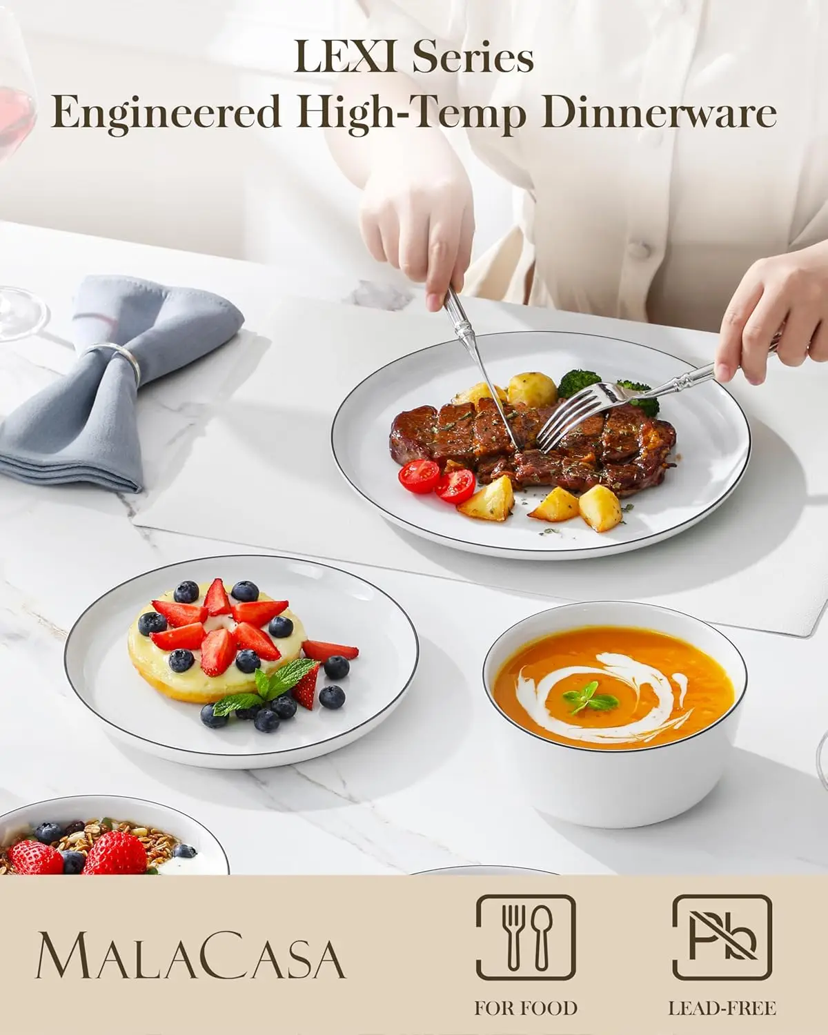 18 Pieces Gourmet Porcelain Dinnerware Sets, Premium Plates and Bowls Set, High-Fired Dishes Set for 6, Chip & Scratch Resistant