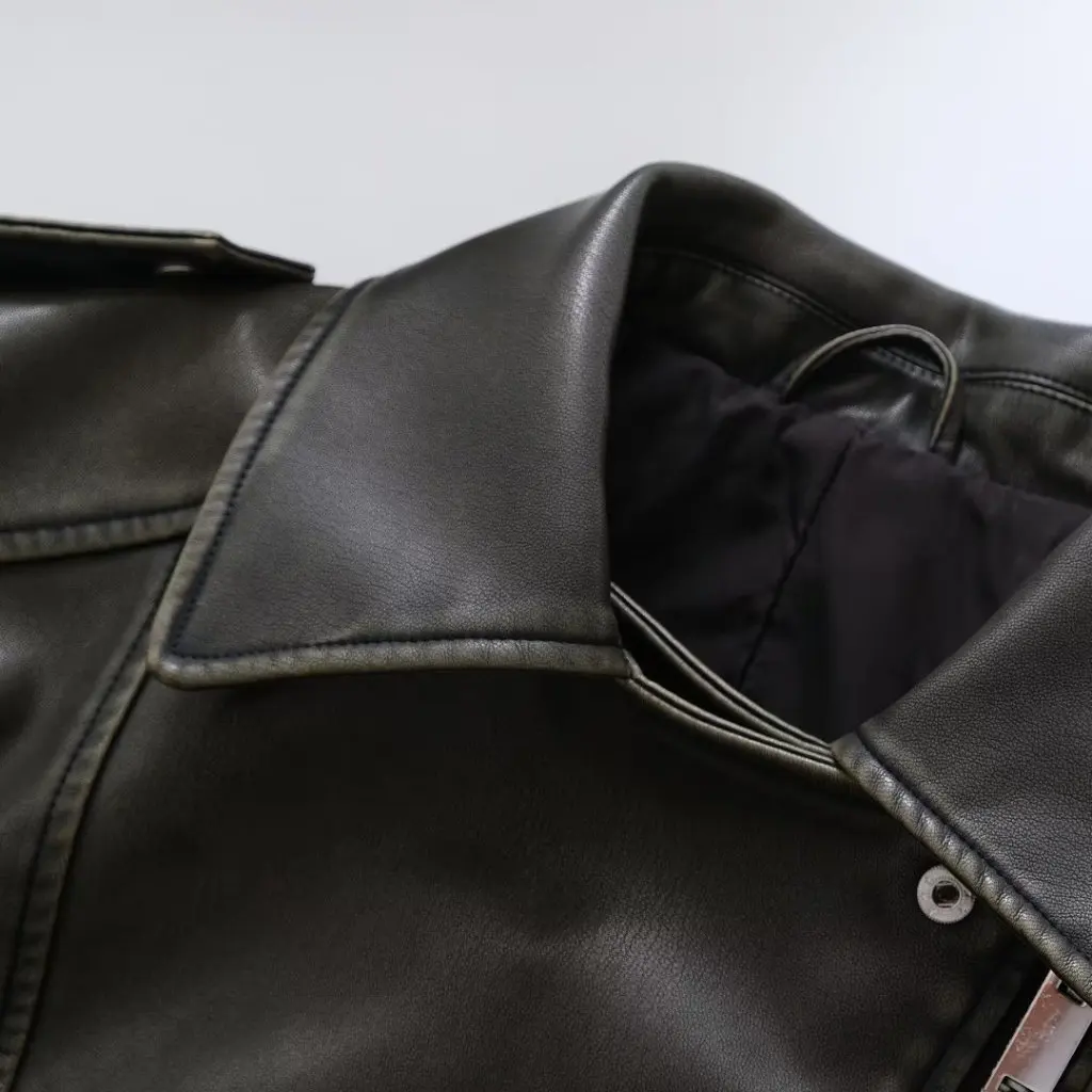 Damska kurtka skórzana w stylu retro z długim rękawem, krótka, wyszczuplająca odzież motocyklowa, jesienna moda, odzież wierzchnia.