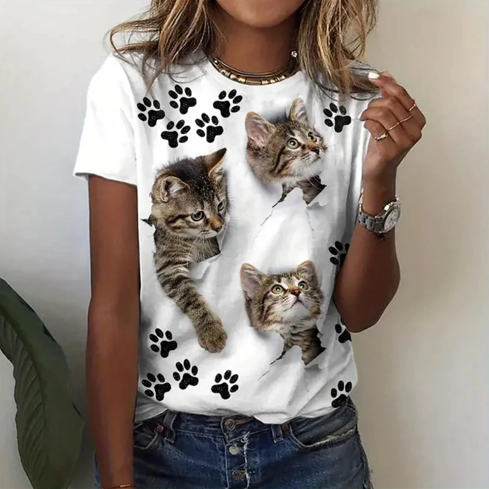 Funny 3D Cat Print T Shirt For Women Summer Hot Sale Kawaii Girl T-Shirts Fashion Animal Pattern Short Sleeve Casual O-neck Tops