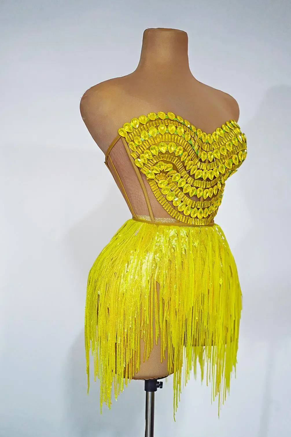 Birthday Outfit Yellow Sequin Tassels Women Corset Skirt Set Party Club Bar Outfit Photo Shoot Wear Stage Costume